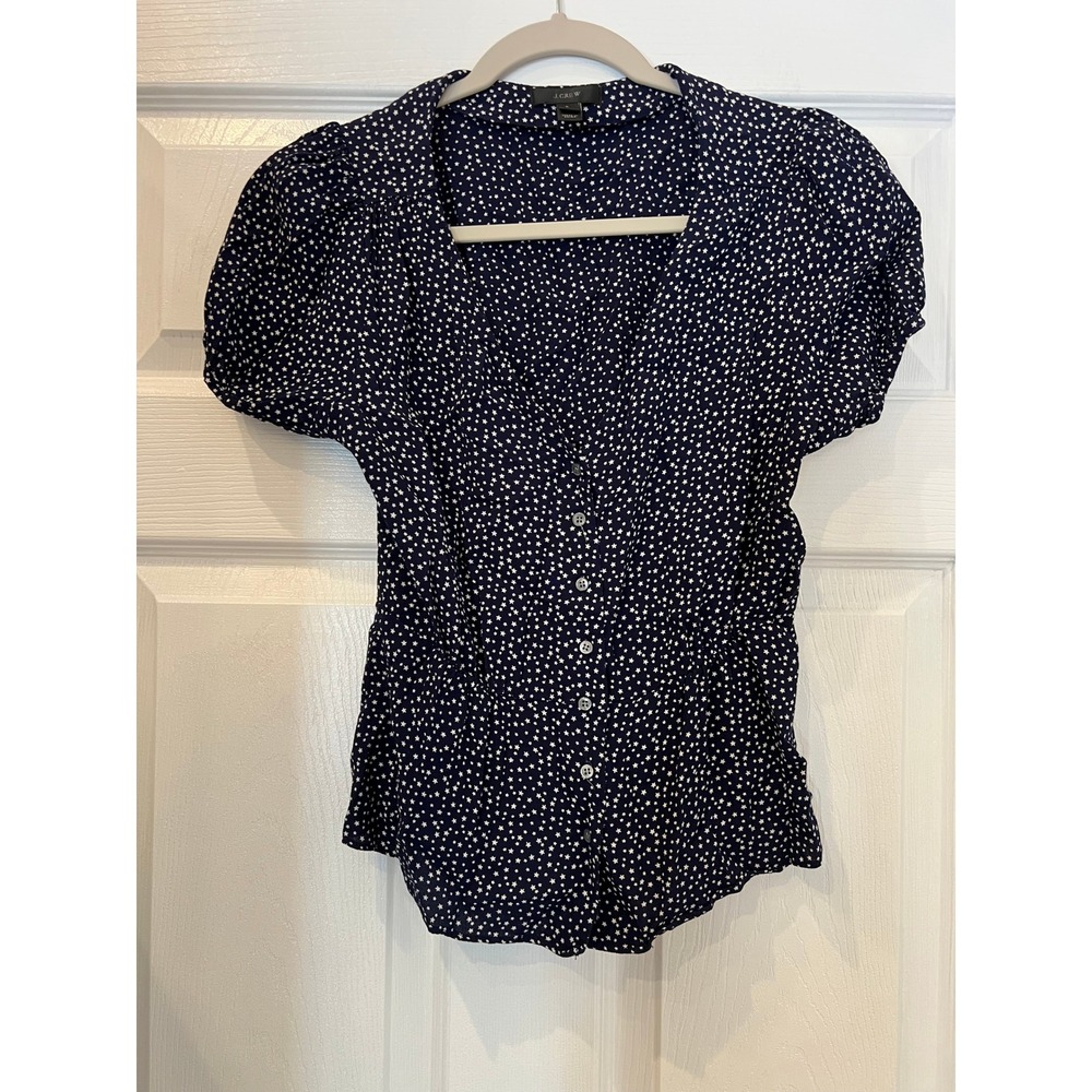 J.Crew Star Print Viscose Puff Sleeve Peplum Blouse Navy Blue Sz 2 Celestial